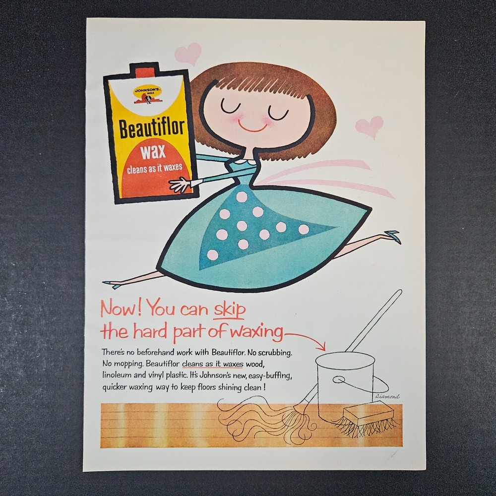 1957 Johnson's Beautiflor Floor Wax Cartoon Comic Vintage Print Ad Cleaner